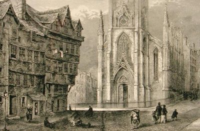 Głowa West Bow, z aulą zgromadzeń w połowie XIX wieku, ze „Scottish Pictures” wydanej przez Towarzystwo Religijne Traktu autorstwa English School