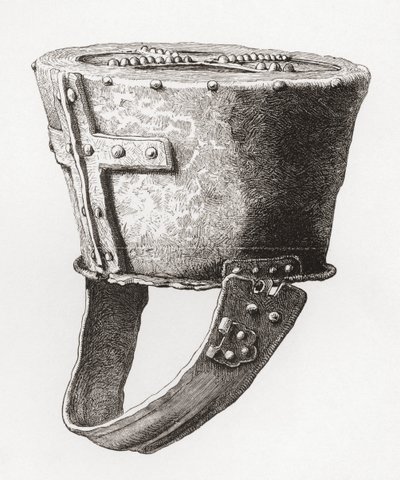 Hełm z zamku Pomeroy w Anglii, pochodzący z ok. XII wieku, z książki The British Army: Its Origins, Progress and Equipment, opublikowanej w 1868 r. autorstwa English School