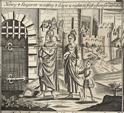 Henryk 4 Cesarz czekający 3 dni i noce w mrozie i śniegu na wejście do papieża Grzegorza, ilustracja z Acts and Monuments autorstwa Johna Foxe