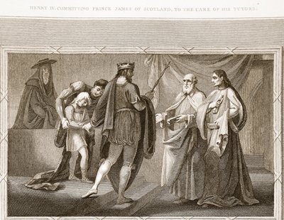 Henryk IV powierzający księcia szkockiego Jakuba opiece swoich nauczycieli, ilustracja z David Humes The History of England, wyd. R. Bowyer, Londyn, 1812 r. autorstwa English School