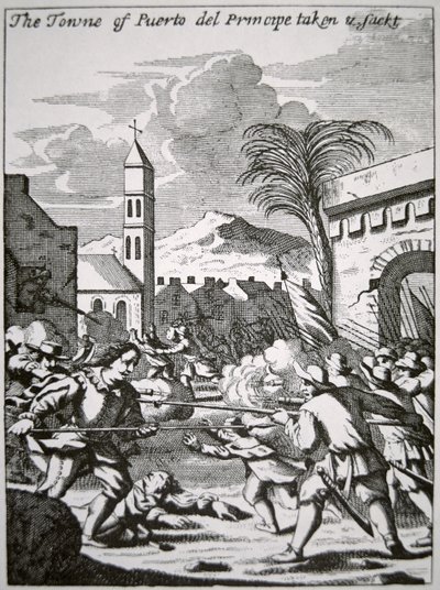 Henry Morgan zdobywa i plądruje miasto Puerto de Principe na Kubie w 1668 r., ilustracja z „Buccaneers of America” autorstwa Johna Esquemelinga, opublikowana w 1699 r. (rycina) autorstwa English School