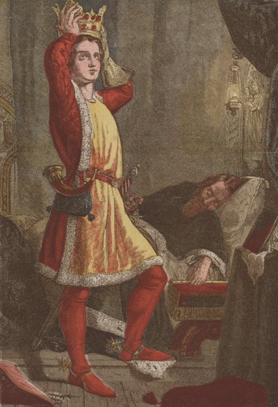 Henryk, książę Walii, przyszły król Henryk V, przymierzający koronę ojca (chromolitho) autorstwa English School