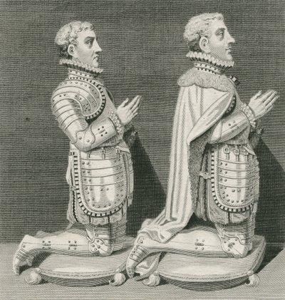 Henry Stuart, Lord Darnley i jego brat Charles Stuart, hrabia Lennox, klęczący przed grobem matki w opactwie Westminster, ryty przez Andrew Birrella, 1796 autorstwa English School