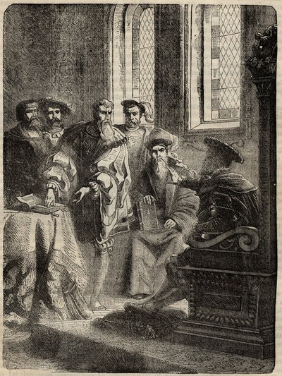 Henryk VIII. i jego Rada nakazująca tłumaczenie Biblii na język angielski - 1538 - rycina z „Historii Anglii” autorstwa Cassella Pettera i Galpina autorstwa English School