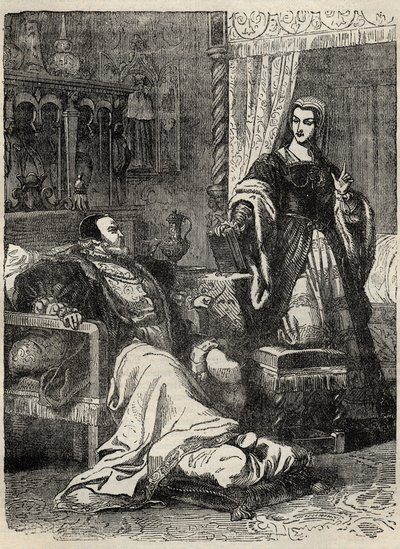 Henryk VIII i królowa Katarzyna Parr (1512-1548) - grawerowanie z „Historii Anglii” autorstwa Cassella Pettera & Galpina autorstwa English School
