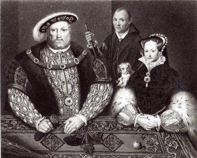 Henryk VIII, jego córka królowa Maria i Will Somers, po obrazie olejnym z XVI wieku, malowany pośmiertnie, 1821 autorstwa English School