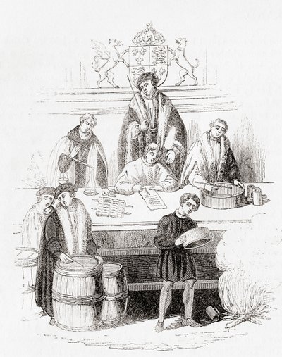 Proces Henryka VII dotyczący miar i wag w skarbcu w 1497 r., Z Old England: A Pictorial Museum, wyd. 1847 autorstwa English School