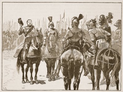 Henry i schwytani francuscy oficerowie, ilustracja z Cassells Illustrated History of England (zdjęcie w sepii) autorstwa English School