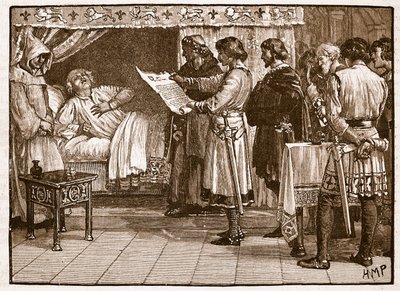 Henry odbiera wiadomość o zdradzie Johna, ilustracja z Cassells Illustrated History of England (zdjęcie w sepii) autorstwa English School