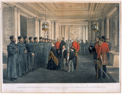 Jej Wysokość Królowa Wiktoria (1819-1901) i Jego Wysokość Książę Albert (1819-61) przeprowadzają inspekcję rannych żołnierzy Gwardii Grenadierów w Pałacu Buckingham, 1855 autorstwa English School