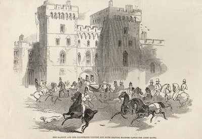 Jej Wysokość i jej Znamienici Goście i Apartament opuszczający Zamek Windsor na wyścigi w Ascot, z „The Illustrated London News”, 14 czerwca 1845 autorstwa English School