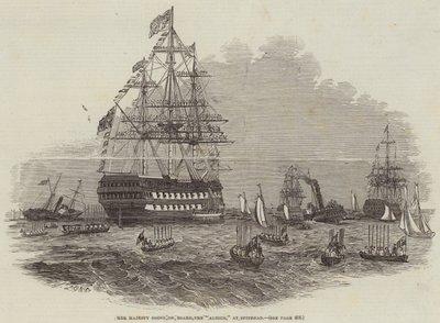 Jej Wysokość wchodzi na pokład „Albionu” w Spithead (grawerowanie) autorstwa English School