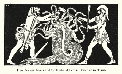 Herkules i Iolaus i Hydra Lerny (litos) autorstwa English School
