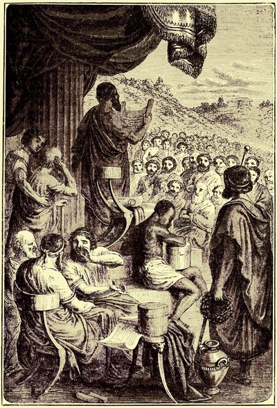 Herodotos czytający swoją historię na publicznym festiwalu, ilustracja z Ilustrowanej Historii Świata, wydanej ok. 1880 r. (obraz ulepszony cyfrowo) autorstwa English School