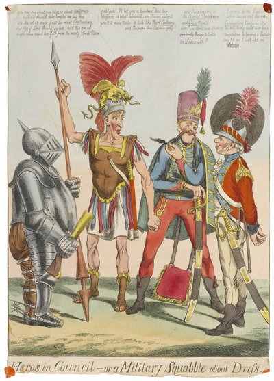 „Bohaterowie w radzie – czyli wojskowa kłótnia o strój”, ok. 1820 (kolorowa rycina) autorstwa English School