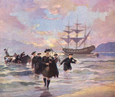 Highland Settlers przybywający do Pictou w Nowej Szkocji z "Hectora", 1773 (kolorowa litografia) autorstwa English School