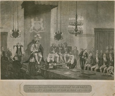 Jego Królewska Wysokość Książę Regent wygłaszający przemówienie w Izbie Lordów autorstwa English School
