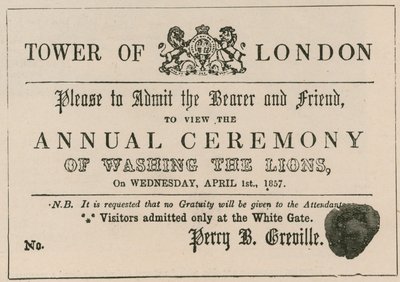 Bilet wstępu na mistyfikację na uroczystość obmycia lwów w Tower of London autorstwa English School