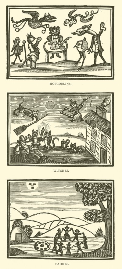 Hobgobliny, wiedźmy, wróżki (drzewryt) autorstwa English School