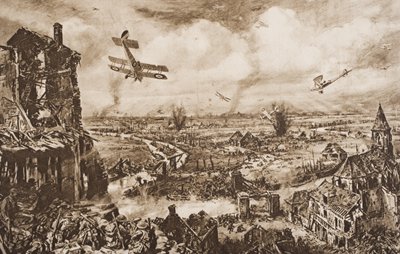 Holding up a German Attack, Armentieres, Belgia, ilustracja z „Zarysu historii” H.G. Wellsa, tom II, wyd. 1920 autorstwa English School