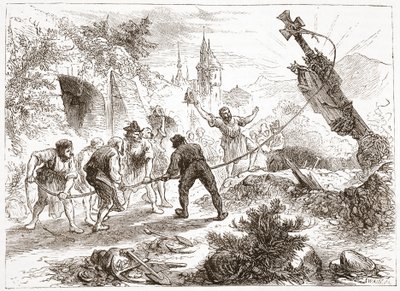 Hottinger niszczący obraz, ilustracja z Historii protestantyzmu Jamesa Aitkena Wylie (1808-1890), wyd. 1878 autorstwa English School