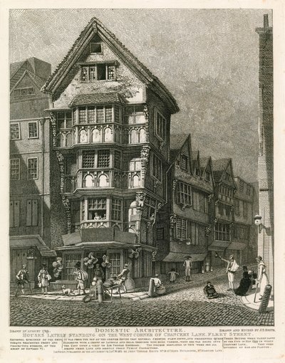 Domy stojące ostatnio na zachodnim rogu Chancery Lane, Fleet Street w Londynie autorstwa English School