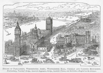 Houses of Parliament, Westminster Abbey, Westminster Hall, Crimean and Canning Monuments (grawerunek) autorstwa English School