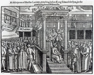 Hugh Latimer (ok.1485-1555) Wygłaszał kazania przed królem Edwardem VI (1537-53) w Westminster w 1547, z „Działań i pomników” Johna Foxe (1516-87) 1563 autorstwa English School
