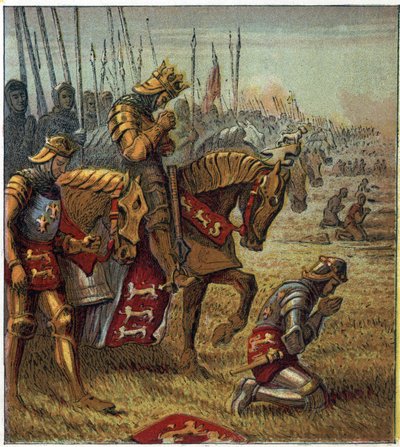 Wojna stuletnia: „”Bitwa pod Azincourt w dniu 25.10.1415””. Król Henryk V (1387-1422) modlił się przed konfrontacją z wojskami francuskimi. Bitwa pod Agincourt: Król Henryk Piąty modli się o zwycięstwo przed bitwą. autorstwa English School