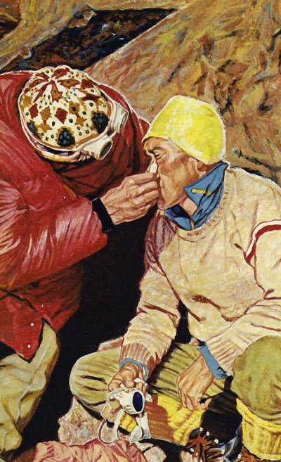 W ekspedycji polowań uczestniczyli Edmund Hillary i Sherpa Tenzing autorstwa English School
