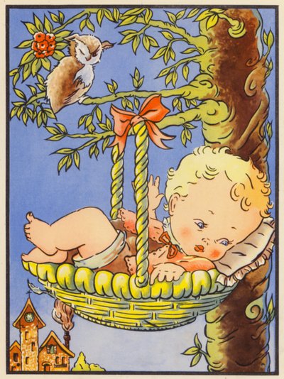 "Hush-a-Bye Baby on the tree top" (kolorowa litografia) autorstwa English School