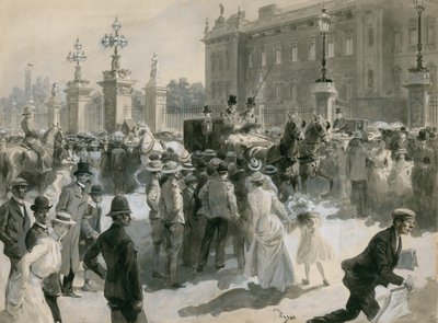 Choroba króla Edwarda VII, lekarze opuszczają Pałac, czerwiec 1902 (wc na papierze) autorstwa English School