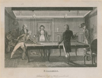 Ilustracja przedstawiająca grupę mężczyzn grających w bilard autorstwa English School
