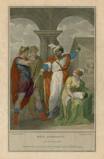 Ilustracja do Tytusa Andronika Szekspira, akt IV, scena 2 (kolorowa grawerunek) autorstwa English School