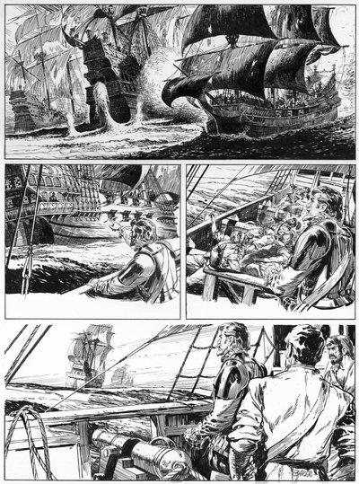 Ilustracja do Westward Ho! Charles Kingsley (pióro i atrament) autorstwa English School