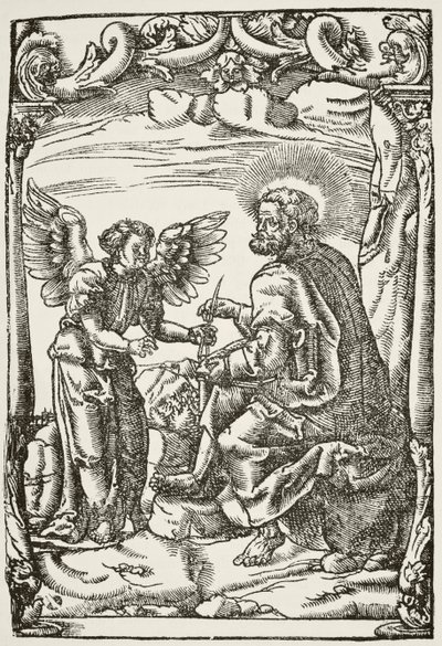 Ilustracja z początku pierwszego angielskiego przekładu Nowego Testamentu na język angielski, opublikowanego w Kolonii w 1525 r., z The National and Domestic History of England autorstwa Williama Hickmana Smitha Auba autorstwa English School