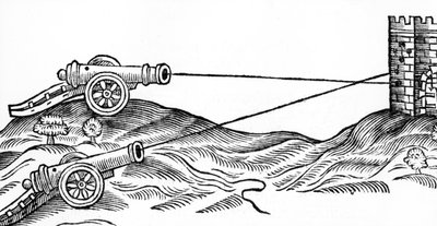 Ilustracja ostrzału armatniego w sztuce artylerii Thomasa Smitha (fl.1600-27), 1628 autorstwa English School