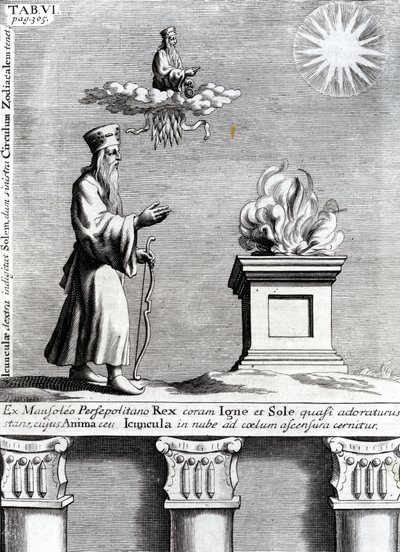 Ilustracja przedstawiająca Zoroastra wielbiącego ogień i słońce, 1697 autorstwa English School