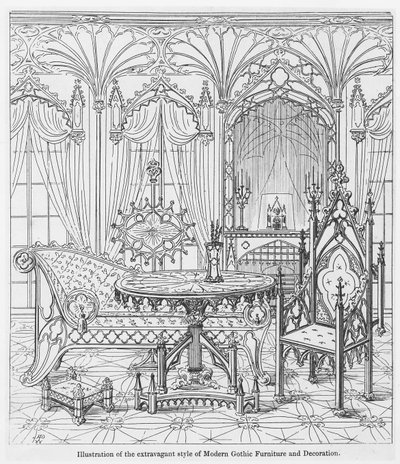 Ilustracja ekstrawaganckiego stylu nowoczesnych gotyckich mebli i dekoracji, z True Principles of Pointed of Christian Architecture, Augusta Welby Pugina (1812-52) autorstwa English School