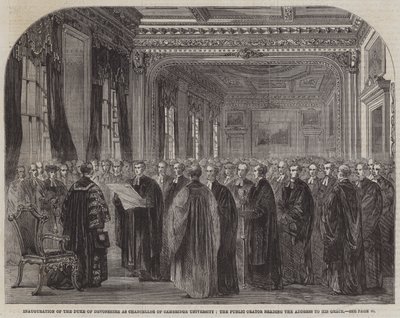Inauguracja księcia Devonshire na stanowisko kanclerza Uniwersytetu w Cambridge, mówca publiczny odczytujący przemówienie do Jego łaski (rycina) autorstwa English School