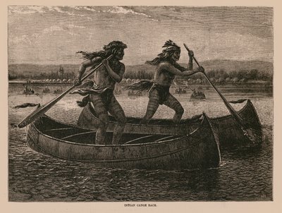 Indiański wyścig kajakowy (grawerunek) autorstwa English School