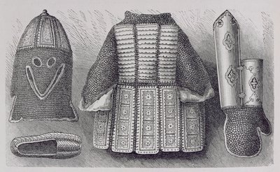 Indyjski panoplia składająca się z hełmu, tuniki, rękawic i butów z Bhuj, z Historii ludzkości, t. III, autorstwa prof. Friedricha Ratzela, 1898 autorstwa English School