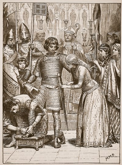 Inicjacja do zakonu rycerskiego, ilustracja z Cassells Illustrated History of England (zdjęcie w sepii) autorstwa English School