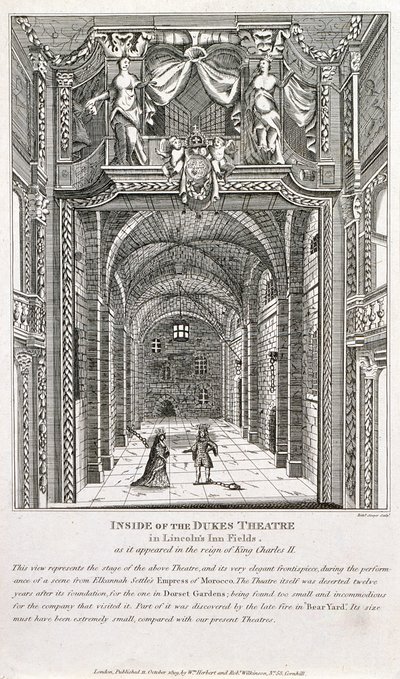 Wewnątrz Dukes Theatre, Londyn, grawerowane przez Richarda Sawyera, 1820 autorstwa English School