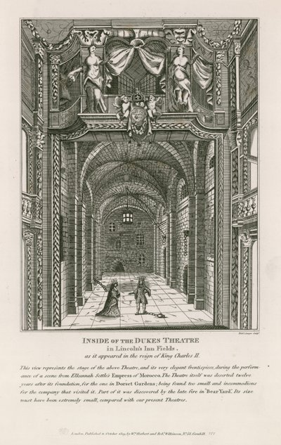 Wewnątrz Dukes Theatre w Lincolns Inn Fields, jak wyglądał za panowania króla Karola II autorstwa English School