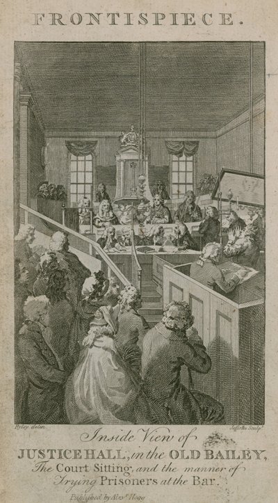 Widok od środka Justice Hall w Old Bailey, posiedzenie sądu i sposób sądzenia więźniów w Bar autorstwa English School