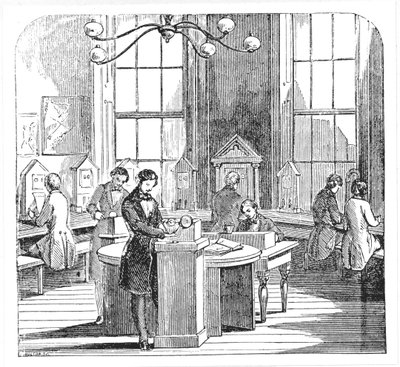Instrument room w Electric Telegraph Office, Lothbury, Londyn, z The Museum of Science and Art autorstwa Dionysius Lardner, c.1860 autorstwa English School