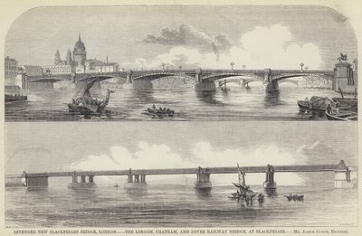 Planowany nowy most Blackfriars Bridge, Londyn, London, Chatham i Dover Railway Bridge, w Blackfriars (grawerowanie) autorstwa English School