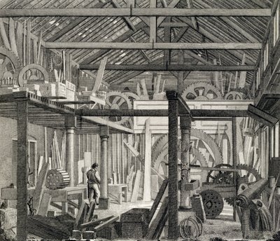 Widok wnętrza domu spotkań Johna Bunyansa przy Zoar Street, Gravel Lane, Southwark, używanego jako warsztat i tartak, ok. 1822 (patrz także 190619) autorstwa English School