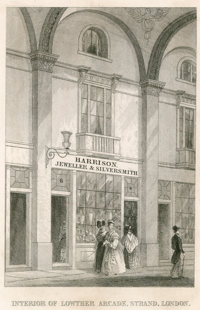 Wnętrze Lowther Arcade, Strand, Londyn, z Harrisonem, jubilerem i złotnikiem autorstwa English School